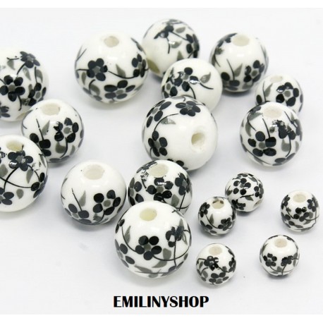 lot de 10 perles céramique blanc fleur noir 